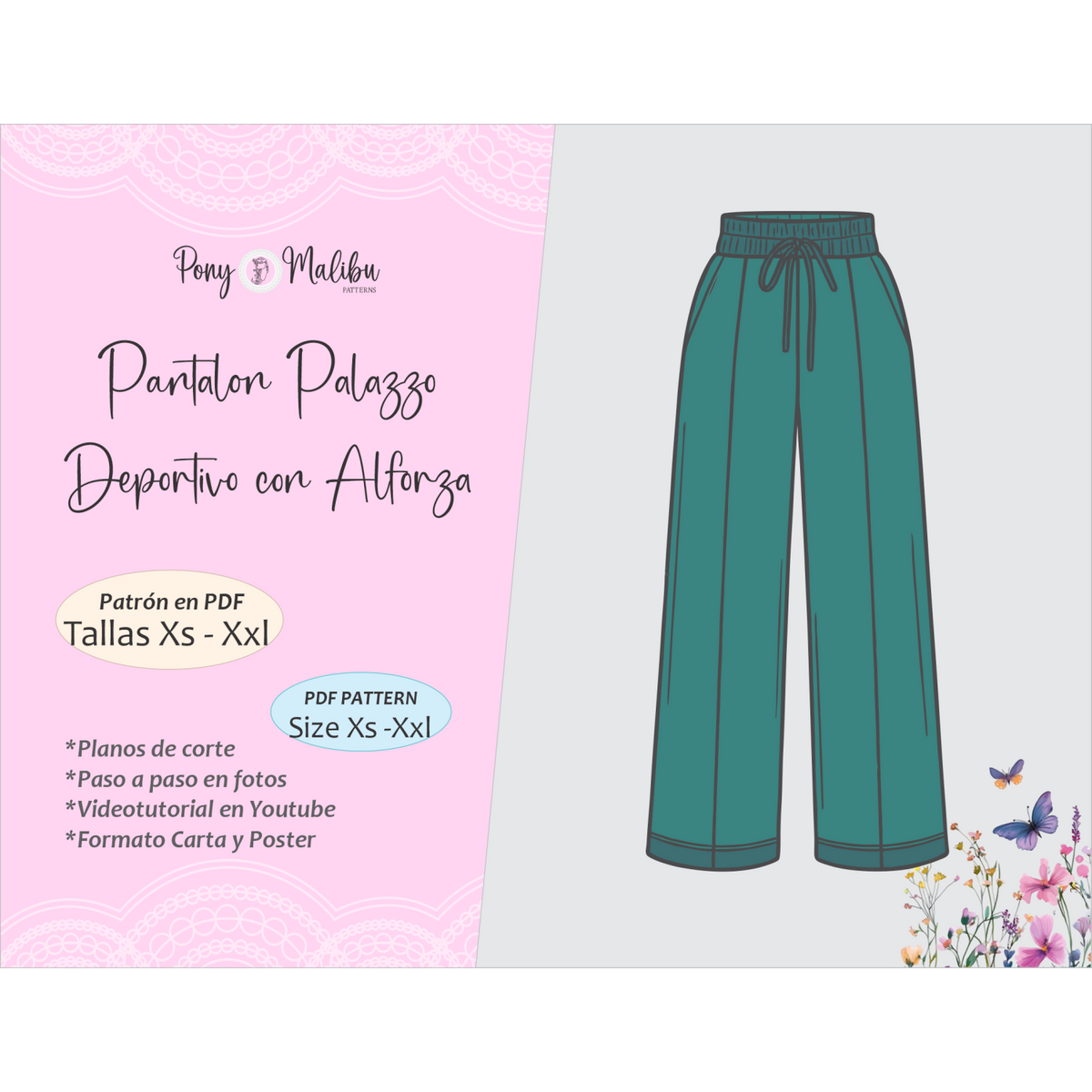 Patrón de Costura:  Pantalón Sudadera Palazzo (PDF) | Molde de Pantalón